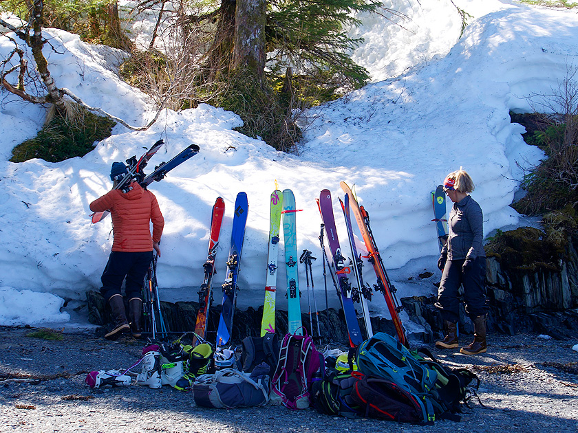 Loading the gear out, excited for a backcountry ski adventure.