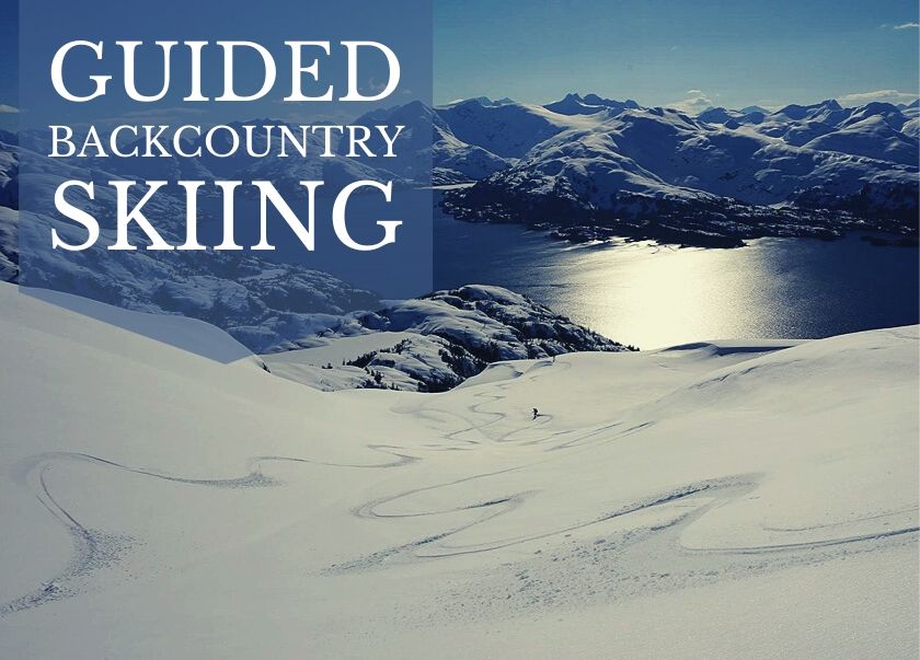 Skiing in Prince William Sound Alaska. Fresh lines in the spring snow lead down to shimmering Prince William Sound.